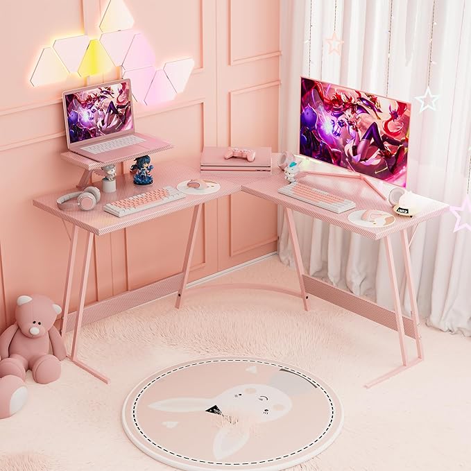 Homall Pink L Shaped Gaming Desk Computer Corner PC Desk Table with Large Monitor Stand for Home Office Studying Writing Workstation, Gift for Girls and Women (Pink, 47 Inch)