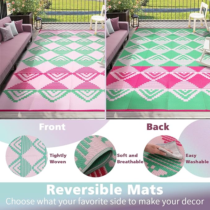 Beeiva Waterproof Outdoor Rug 8x10, Reversible Plastic Straw Patio Mat, Modern Geometric Large Outdoor Camping Rugs for Porch, Deck, Backyard, Balcony, Picnic - Pink & Green