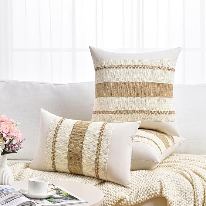 Fancy Homi Set of 2 Tan Neutral Decorative Throw Pillow Cover 18x18 Inch for Couch Bed Sofa, Aesthetic Modern Organic Farmhouse Boho Home Decor, Soft Cotton Cute Accent Macrame Taupe Cushion Case