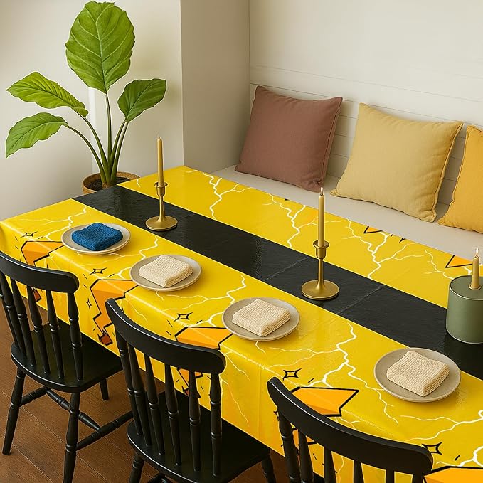 4Pcs 2in1 Yellow Cartoon Birthday Party Decorations Tablecloth, 54" x 108" Table Cloth Disposable Rectangle Plastic Table Cover for Kids Baby Shower Party Supplies