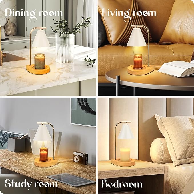 Candle Warmer Lamp with Retro Wooden Base - Home Decor Wax Melt for Small and Large Jar Candles, Candle Heater Lamp with 2 Bulbs, Dimmer and Timer Function-White