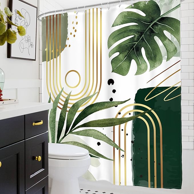 Glawry Green Gold Boho Mid Century Shower Curtain Abstract Tropical Plant Minimalist Modern Geometric Palm Leaf Arch Bathroom Simple 60Wx72L Inches Bath Accessories Art Home Decor Fabric 12 Pack Hooks