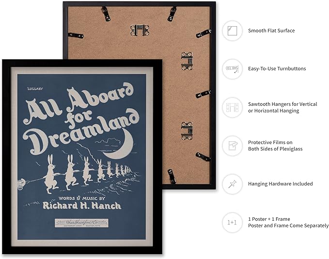 Poster Master All Aboard For Dreamland Poster - Retro Children's Lullaby Print - Story Book Art - Bunny Art - Rabbit Art - Aesthetic Art - Kid's Bedroom or Nursery Wall Decor, 8x10 Black Framed