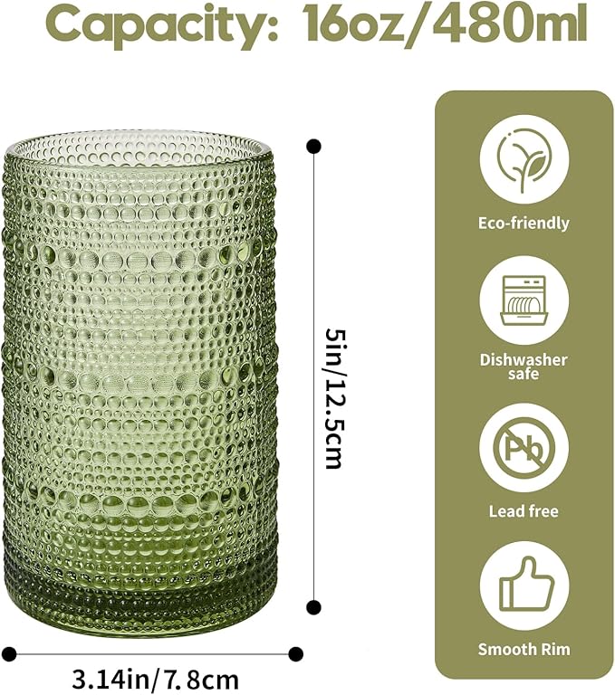 AkutaaVintage Hobnail Drinking Glasses Set of 12, 16 oz Large Capacity Embossed Green Tumblers, Highball Glasses for Water, Cocktail, Beer, Whiskey, Kitchen & Bar Use