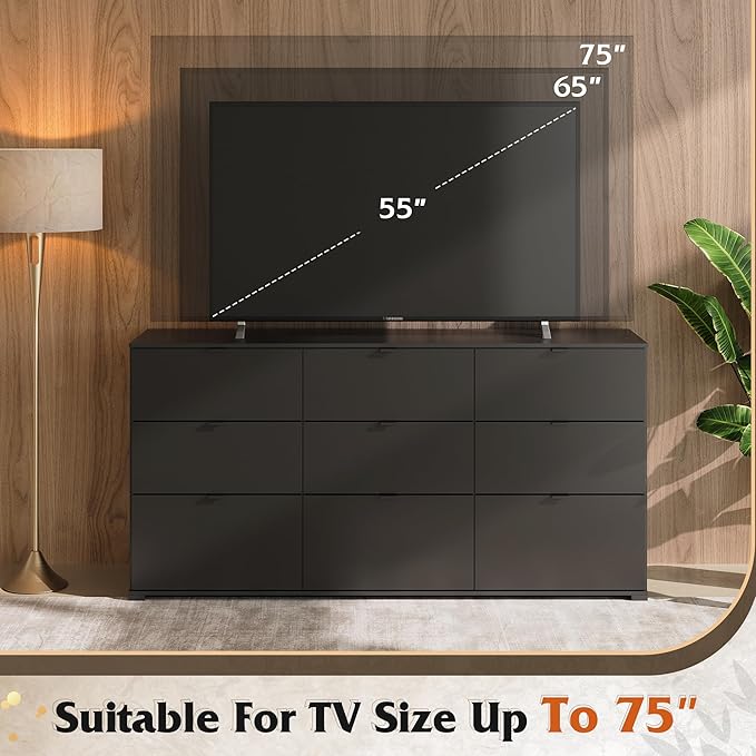 WLIVE 9 Drawer Dresser for Bedroom, 63" Wide Black Drawers Large Wood Chest of Drawers Organize with Sturdy Metal Handle, Modern Dresser for TV Stand, Living Room Office, Hallway, Ball Bearing Slide