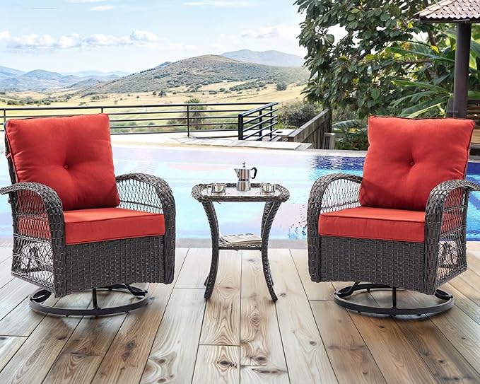 UDPATIO 3 Pieces Patio Furniture Set, Outdoor Swivel Rocker Patio Chairs Set of 2, All-Weather PE Wicker Glider Chairs with Thick Cushions and Glass Coffee Table，for Porch Deck Backyard Red