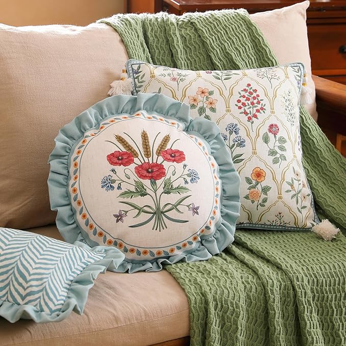Design Linen Round Throw Pillow Covers Diameter 16", Fresh Farmhouse Cushion Covers with Red Watercolor Wildflower Pattern Decor Pillowcases for Bed,Living Room,Outdoor,Car