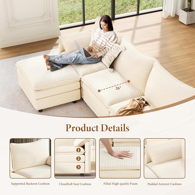 Vesgantti 108" Sectional Sleeper Sofa, 6-Seater Oversized Modular Cloud Couch with Movable Ottoman, Corduroy Large Sofa Bed Convertible Deep Seat Couches for Living Room, Bedroom and Apartment, Beige