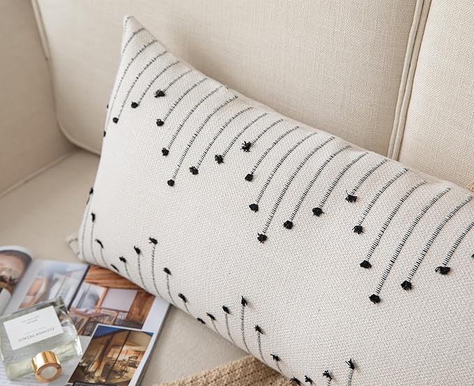 Caflife Boho Lumbar Pillow Cover 14x36 Long Pack of 1 Decorative Pillows Bed, Beige with Black Body Throw Pillow Covers, for Modern Farmhouse Sofa Bedroom Living Room Home Decor Couch Pillowcase
