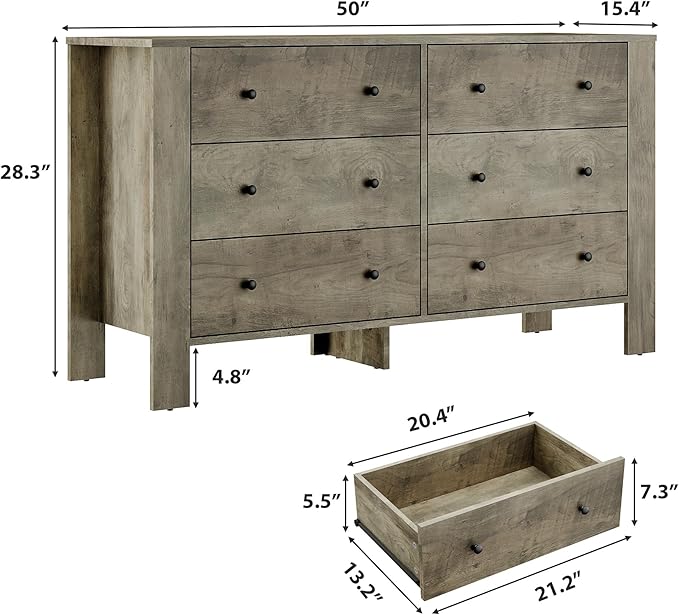 GarveeHome Grey 6 Drawer Dresser for Bedroom, Modern Wide Dresser Organizer with Storage Drawers, Wooden Chests of Drawers for Bedroom, Entryway, Hallway, Home Office