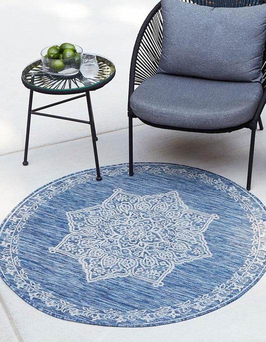 Unique Loom Outdoor Traditional Collection Area Rug - Antique (10' Round Blue/Ivory)