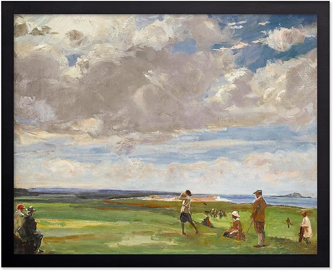 Poster Master Vintage Lady Astor Playing Golf at North Berwick Painting Poster - Retro Golf Course Print - Golf Art - Sports Art - Landscape Art - Office or Living Room Decor, 8x10 Black Framed