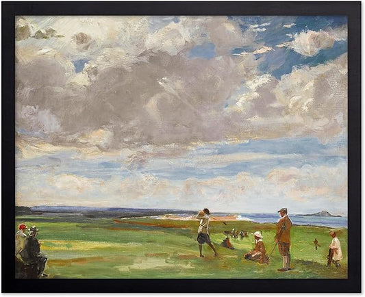 Poster Master Vintage Lady Astor Playing Golf at North Berwick Painting Poster - Retro Golf Course Print - Golf Art - Sports Art - Landscape Art - Office or Living Room Decor, 8x10 Black Framed