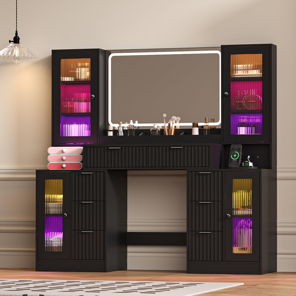 Fluted Makeup Vanity Desk with Mirror and Lights, 55" Glass Top Vanity with 8 Drawers & 4 RGB Glass Cabinets, Adjustable Shelves & Power Outlet, Modern Dressing Table Set for Women Girls Bedroom