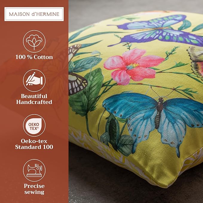 Maison d' Hermine Decorative Pillow Covers 18 x 18 Inch Square 100% Cotton Throw Pillow Covers with Invisible Zipper for Living Room Couch, Chair, Sofas, Bedroom, Home (Hesperides - Papillon)