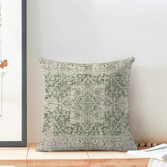 BETGINY Spring Sage Green Ethnic Boho Throw Pillow Covers 16 x 16 Inch Pack of 2, Bohemian Carpet Pattern Decorative Pillow Cases Vintage Outdoor Linen Farmhouse Cushion Case for Home Sofa Decor