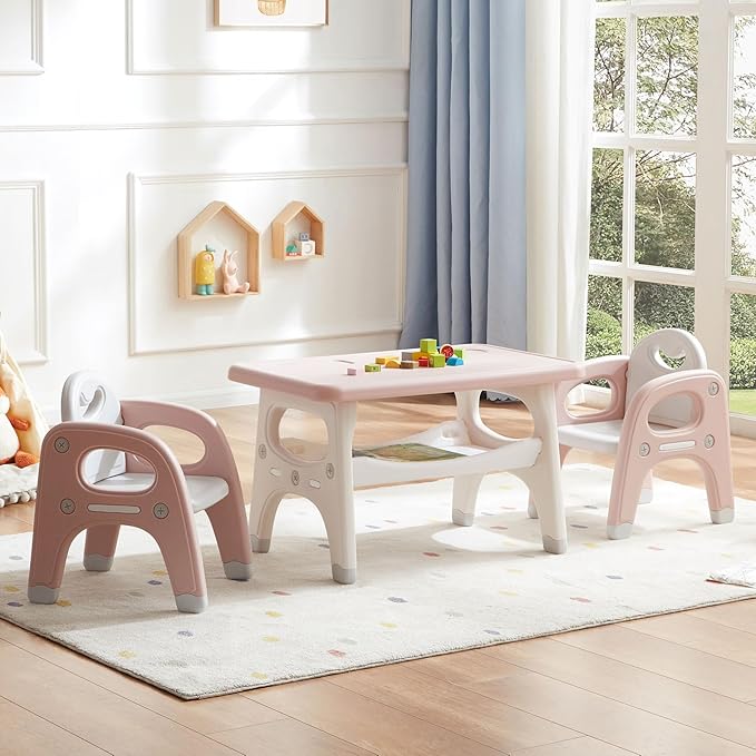 Kids Table and Chair Set, Plastic Children Activity Table with 2 Chairs, Toddler Table and Chair Set for Reading, Drawing, Snack Time, Arts Crafts, Preschool, Gift for Boys Girls