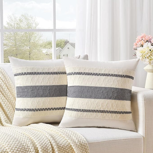 Fancy Homi Set of 2 Neutral Grey Farmhouse Decorative Throw Pillow Covers 22x22 Inch for Couch Bed Chair Indoors, Vintage Country Rustic Retro Room Decor, Soft Thick Cotton Handmade Woven Cushion Case