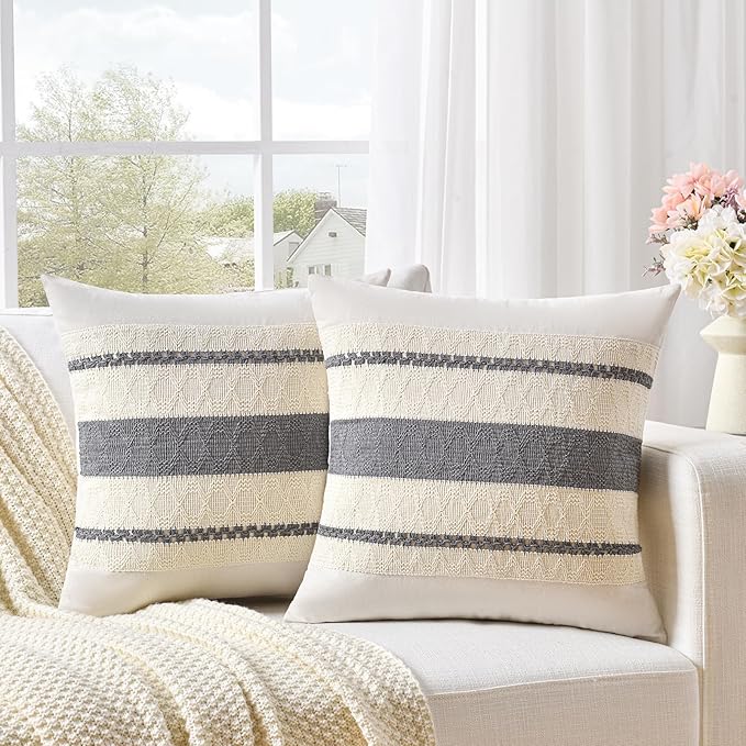 Fancy Homi Set of 2 Neutral Grey Farmhouse Decorative Throw Pillow Covers 20x20 Inch for Couch Bed Chair Indoors, Vintage Country Rustic Retro Room Decor, Soft Thick Cotton Handmade Woven Cushion Case
