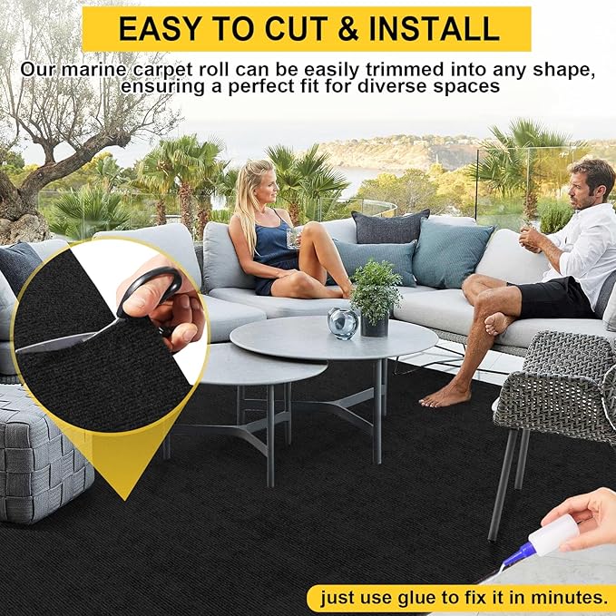 Marine Carpet - 6 FT x 18 FT Black Indoor/Outdoor Carpet, 0.2" Thick, Water-Proof TPE Backing, Non-Slide for Home, Patio, Porch, Deck