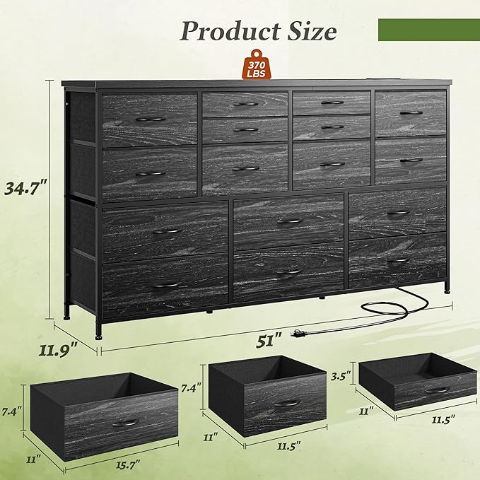 Dresser for Bedroom with 16 Fabric Drawers Long Dresser with Charging Station TV Stand for 60" TV Dressers & Chest of Drawers for Bedroom, Living Room, Closet, Black