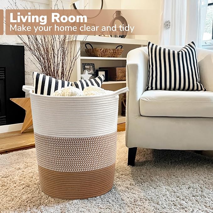 INDRESSME Large Rope Basket - Tall Laundry Basket Hamper for Dirty Clothes Woven Jute Storage Baskets for Blanket in Living Room Toy Baskets for Nursery Storage, 17¾ x 15¾ x 13¾ inches