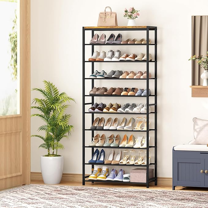 HOMEFORT 10 Tiers Shoe Rack Organizer,30" Shoe Storage Shelf for Closet, Shoe Rack for Entryway,Holds 36-40 Pairs of Shoe, Tall Shoe Stand with Metal Shelves and MDF Top Board,Rustic Brown