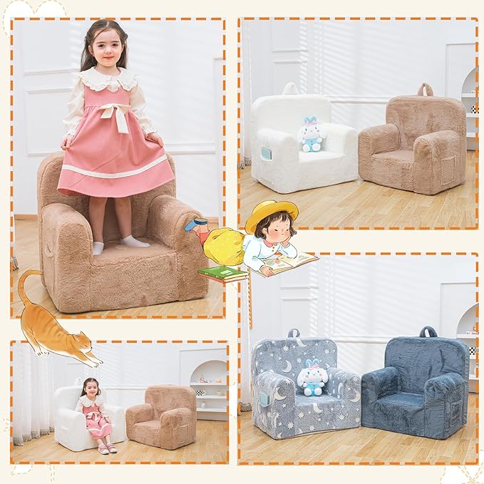 Snuggly-Soft Cuddly Toddler Plush Armchair for Boys and Girls Fuzzy Plush Kids Sofa Couch Reading Chair with Children Friendly Handle for Easy Movement & Double Pockets for Good Storage, Camel