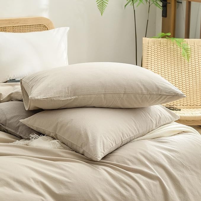 BESTOUCH Duvet Cover Set 100% Washed Cotton Linen Feel Super Soft Comfortable Chic Lightweight 3 PCs Home Bedding Set Solid Almond Milk Grey Oversized King