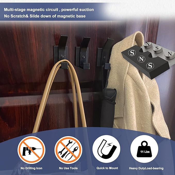 TSUYA Strong Magnetic Double Hooks, 4 Pack Heavy Duty Magnetic Coat Hooks, Black Cruise Magnets Large Hooks for Coat Robe Towel Key Hat
