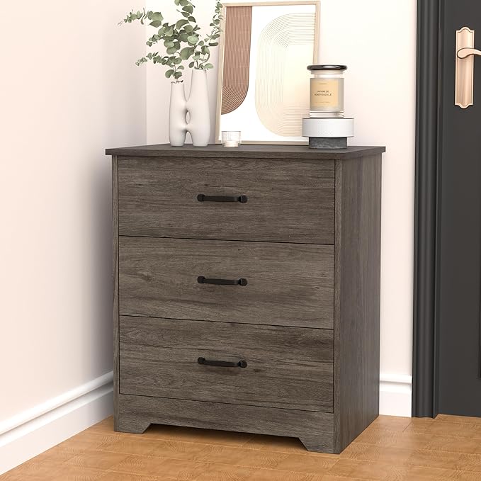 Farmhouse 3 Drawer Dresser, Small Wooden Chest of Drawers Classic White Dresser for Bedroom Living Room Entryway (Dark Gray, 3 Drawer)