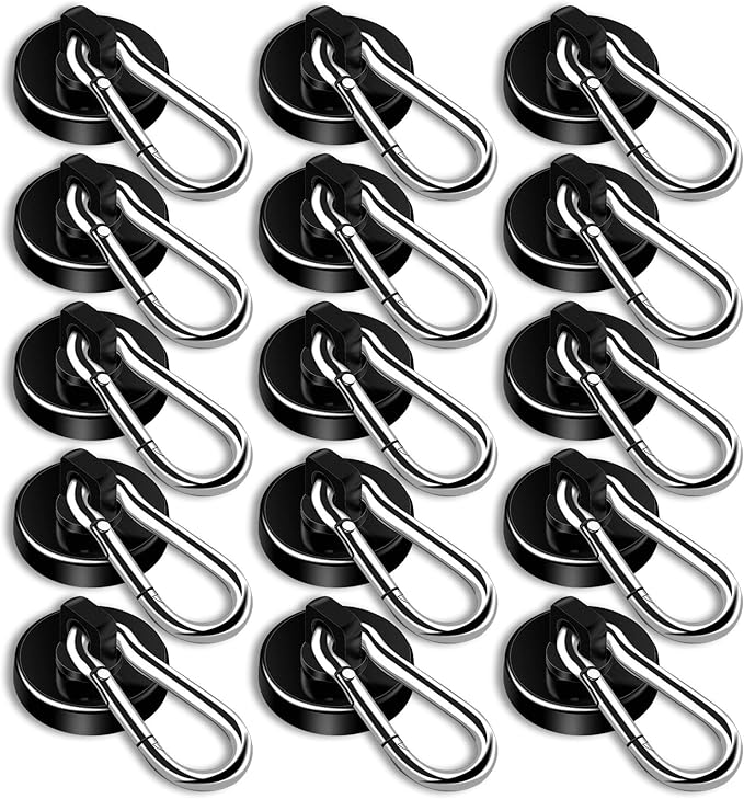 DIYMAG Black Magnetic Hooks, 110LBS Heavy Duty Neodymium Magnetic Hooks with Swivel Carabiner Hook,Great for Your Refrigerator and Other Magnetic Surfaces, Pack of 15