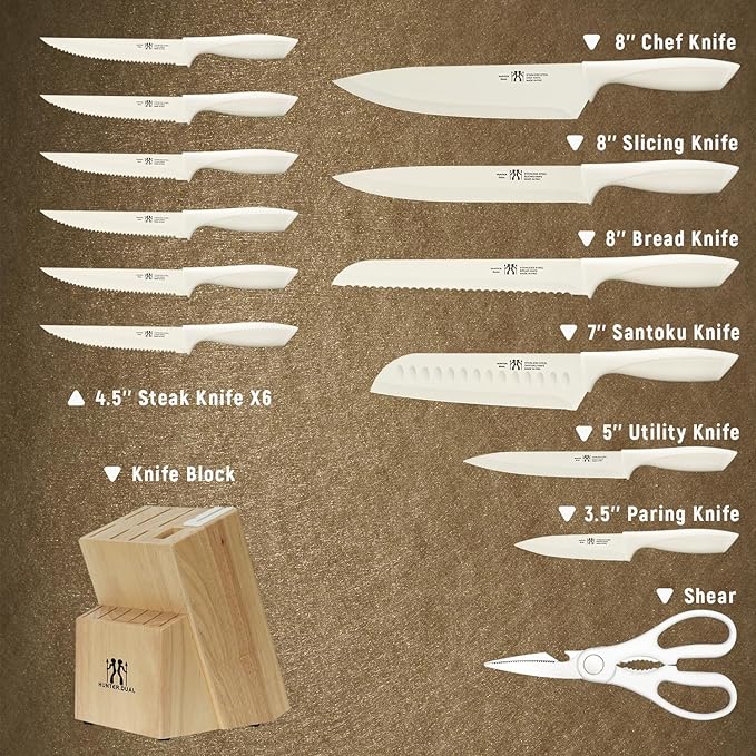 Knife Set, HUNTER.DUAL 15 Pcs Kitchen Knife Set with Block Self Sharpening, Dishwasher Safe, Anti-slip Handle (Beige)