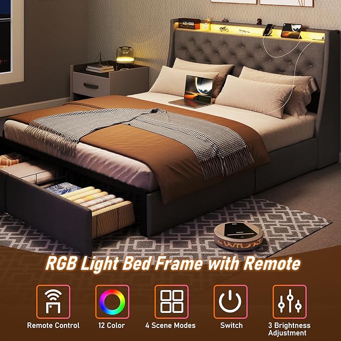 SADENICEL Full Size Bed Frame with Storage Headboard and 2 Drawer, Metal Full Bed Frame Platform with LED Light, Charging Station, No Box Spring Needed, Noise Free, Easy Assembly, Grey