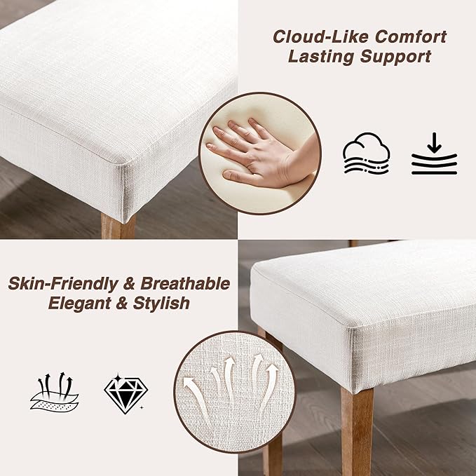 Farmhouse Upholstered Dining Bench Seat, 45" Linen Entryway Bench with Natural Wood Legs, Mid Century Modern End of Bed Bench for Kitchen Bedroom Living Room Hallway, for 2-3 Person, Beige