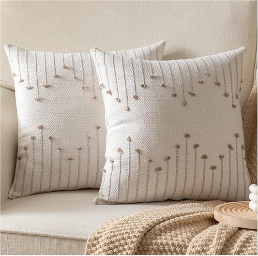 Boho Throw Pillow Covers 24x24 Set of 2 Decorative Pillows for Bed, Neutral Pillow Covers Beige with Tan Line Throw Pillows for Modern Farmhouse Couch Sofa Living Room Outdoor