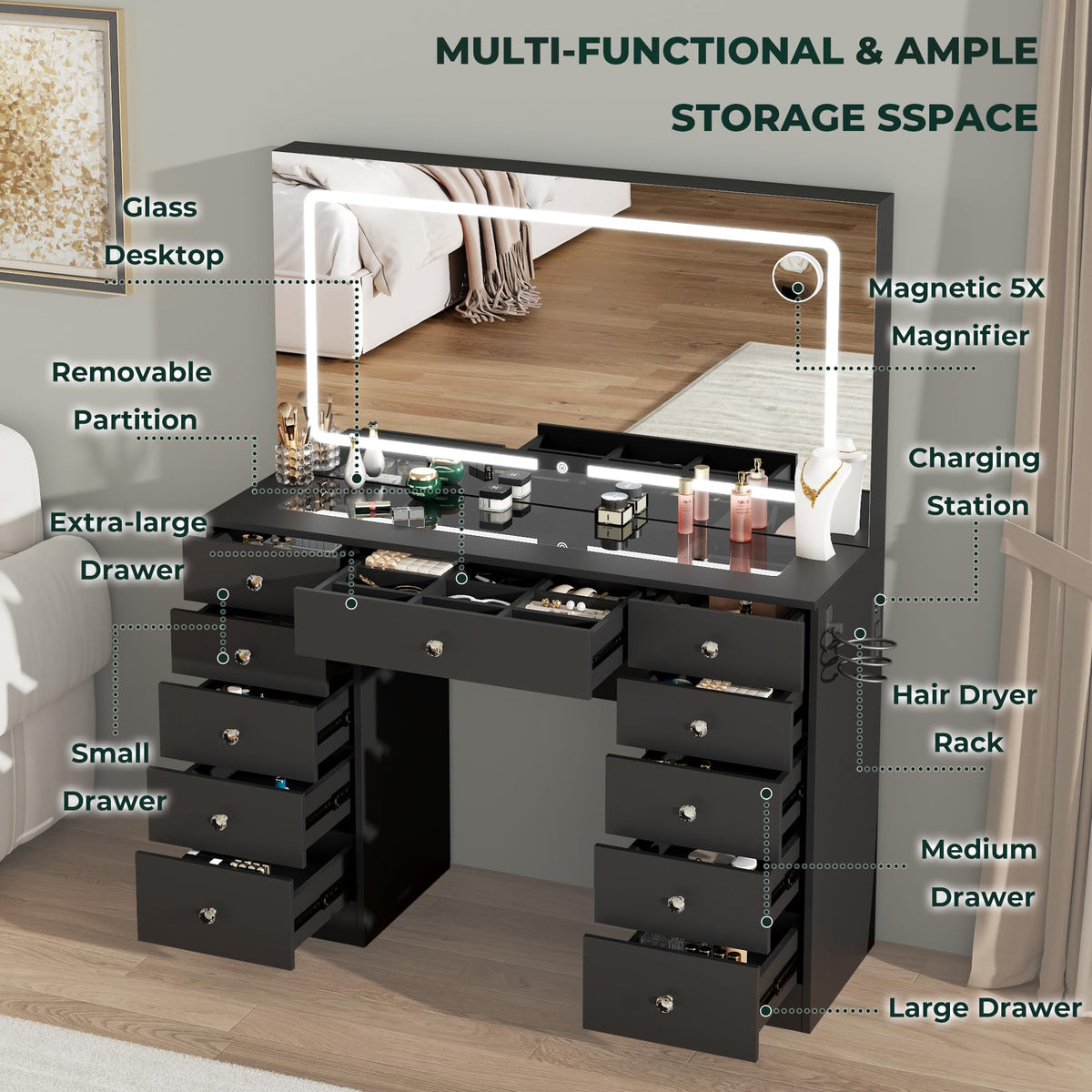 Furnivado Vanity Mirror with Lights, Black Vanity with Lighted Mirror, 11 Drawers Makeup Vanity Desk with 3 Lighting Modes Adjustable Brightness, Vanity with Glass Top for Bedroom