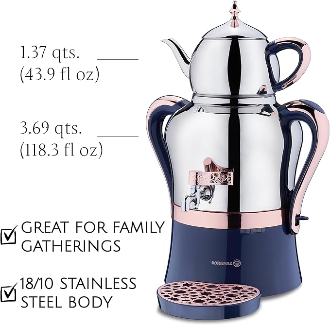 Korkmaz Hanedan A843-04 Stainless Steel Samovar, Upper Pot 1.3 L (43.9 Oz), Bottom Pot 3.5 L(118.3 Oz) Electric Turkish Tea Maker Set, Double Pots Tea Machine, Inox, Rosegold, 110 V US Plug, 5.1-Quart