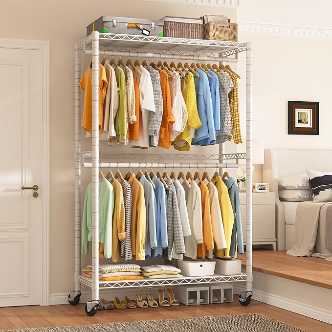 Raybee Rolling Garment Rack with Wheels Portable Clothes Rack for Hanging Clothes,Adjustable,2 Shelves,79" H X35.5 W X15.7 D, White