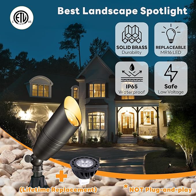 Die-Cast Brass Spot Light Outdoor - 12V LED Uplighting Waterproof, Low Voltage Landscape Lights Direct Wire, Bronze for Fence Fountain with Bright White MR16 Replaceable Bulbs (12 Pack)