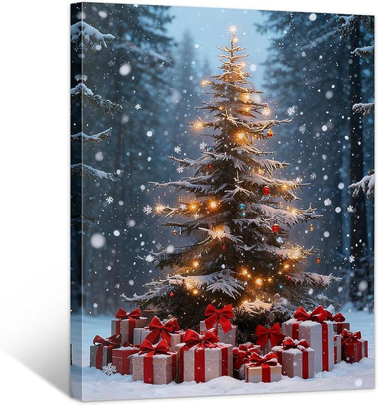 Framed Christmas Pictures Wall Decor,Vintage Pine Tree Prints,Winter Christmas Canvas Wall Art Decoration for Bedroom Bathroom Living Room Rustic Xmas Holiday Gifts (Christmas Tree 14, 20'' X 32'')