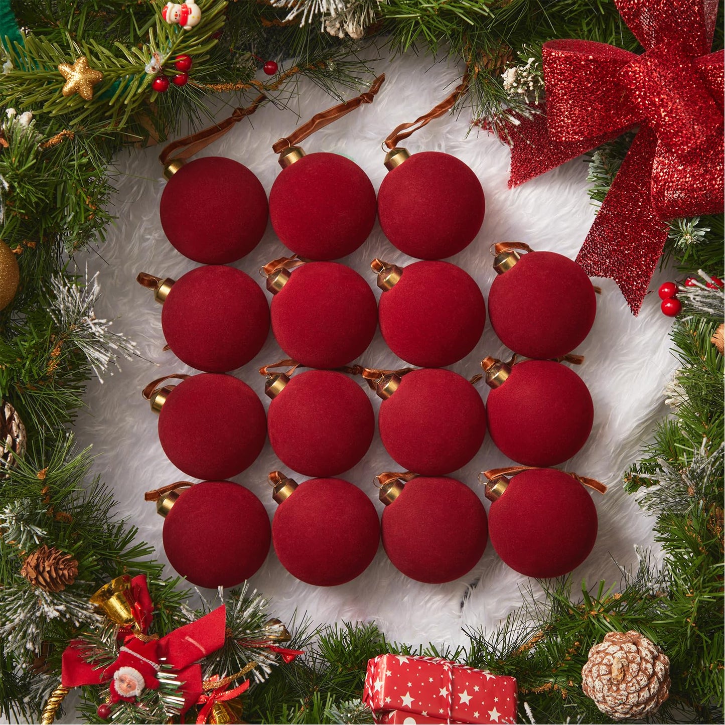Brightown 15 Pcs Red Velvet Christmas Balls, 3.15 Inch Velvet Ornaments for Christmas Tree, Christma Tree Flocked Ornaments Balls for Family Holiday Wedding Party Xmas Hanging Decoration