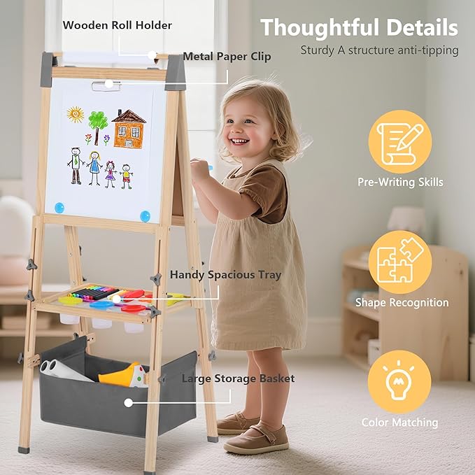 Kinder King Wooden Kids Easel, 3 in 1 Adjustable Art Easel for Kids, Double-Sided Magnetic Whiteboard & Chalkboard, Paper Roller, Art Supplies, Coloring Drawing Easel Toddler Gift Ages 3+, Grey