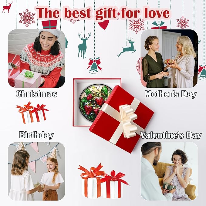 Stained Glass Suncatcher, Red Strawberry Green Leaf Sun Catcher Silver Background Stain Glass Window Hanging Decoration Mother's Day Birthday Gifts for Women Men Mom Nana 9.8 in