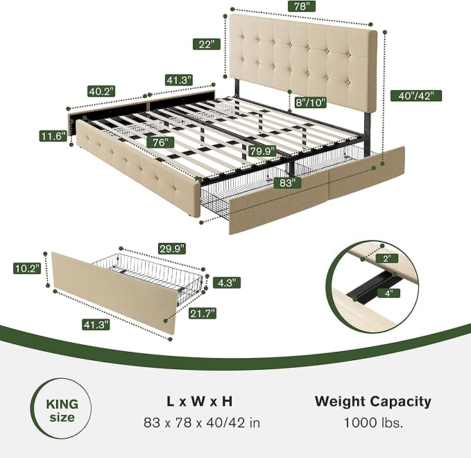 MUTICOR King Size Bed Frame with 4 Storage Drawers, Upholstered Platform Bed with Button Tufted Adjustable Headboard, No Box Spring Needed, Easy Assembly, Square Tufted, Beige Fabric