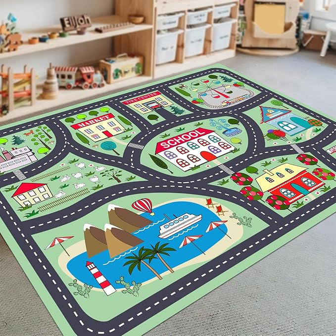 Kids Playmat Car Rug, Kids Play Rugs Town City Road Map Rug, Large Educational Car Mat, Boys Track Play Mat, Kid Rugs for Playroom Bedroom Living Room (Style 2, 59X 39.4 INCH)
