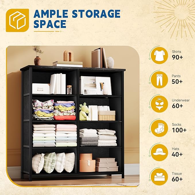 DWVO Fabric Dresser for Room, Tall Storage 8 Drawers, Black Dresser & Chest of Drawers, Storage Drawer Organizer for Closet, Living Room