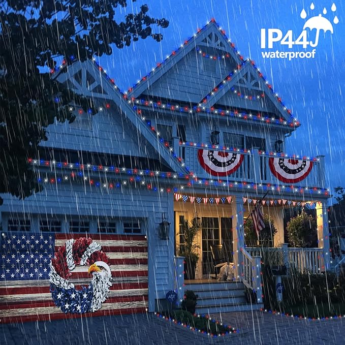 QITONG 500 LED Red White and Blue String Lights, 165ft 4th of July Decorations Lights Plug in Outdoor Indoor, 8 Modes Patriotic Light Green Wire for Independence Memorial Day Decor