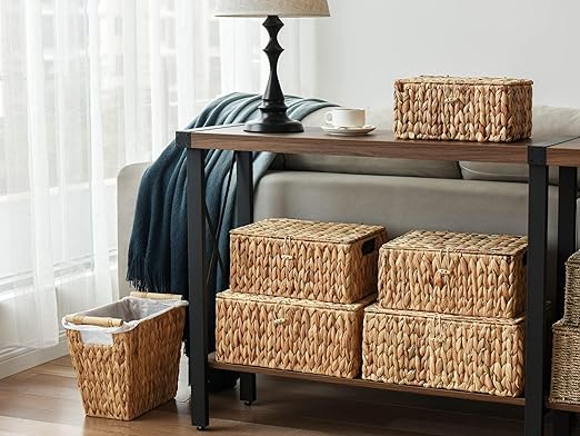 StorageWorks Wicker Waste Baskets, Water Hyacinth Waste Paper Baskets with Wooden Handles, Handwoven Trash Cans for Bathroom, Bedroom, Office, 2 Pack,12 Liter