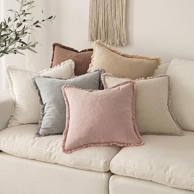 MIULEE Decorative Throw Pillow Covers Neutral Linen Fringe Throw Pillows Set of 2 Light Pink Boho Farmhouse Cushion Covers for Couch Sofa Bed Living Room Spring Home Decor 18x18 Inch